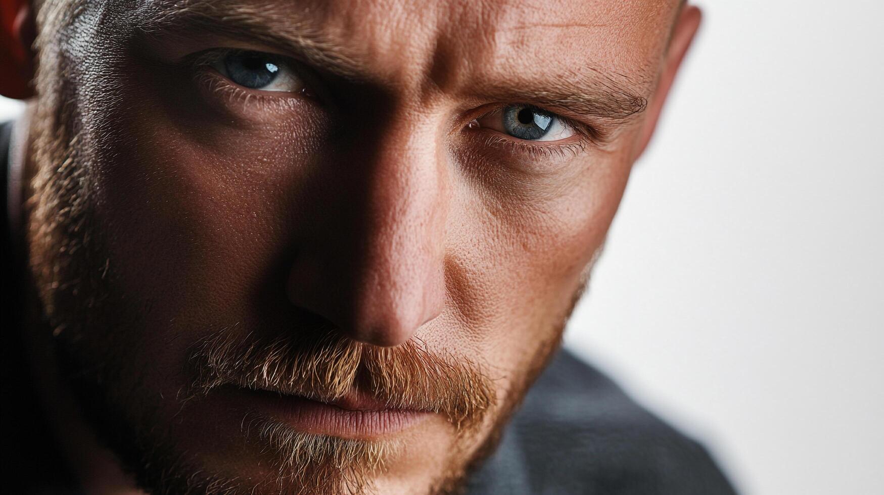 Intense gaze of a determined man, captured in a close-up portrait. His piercing blue eyes convey depth, while his expression evokes resilience. photo