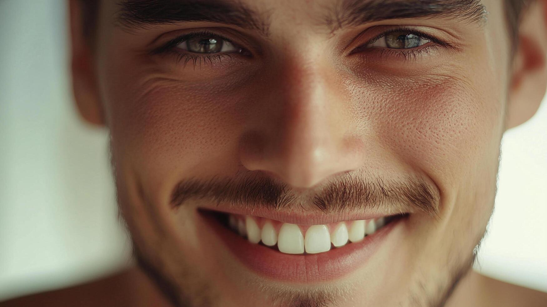 Close-up portrait of a smiling man with well-groomed facial hair showcasing a warm and inviting expression. The man has fair skin and dark eyes. photo