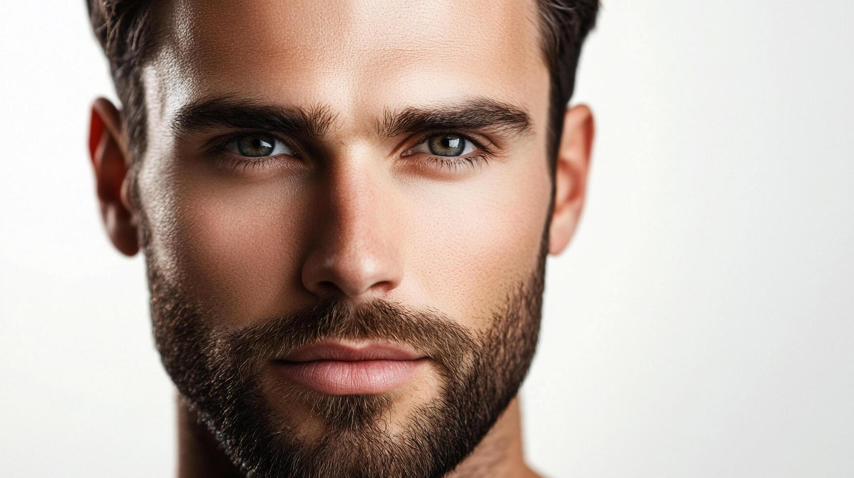Close-up portrait of a handsome man with olive eyes and a well-groomed beard against a clean white background. Head and shoulders. photo