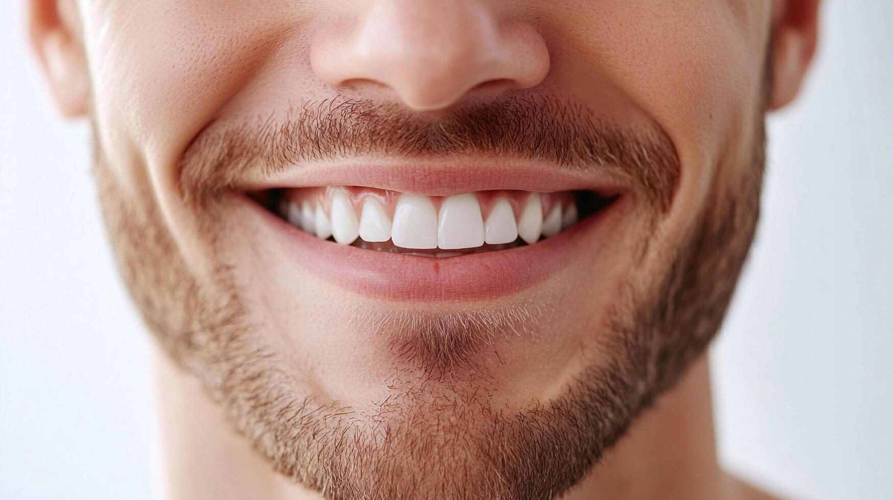 Close-up of a smiling man with well-groomed beard and bright white teeth, showcasing a confident and healthy smile against a neutral background. photo