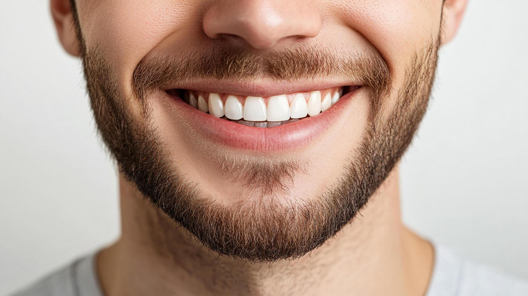 Close-up of a smiling man with a beard showing off his teeth. The man appears happy and confident with a natural expression. photo