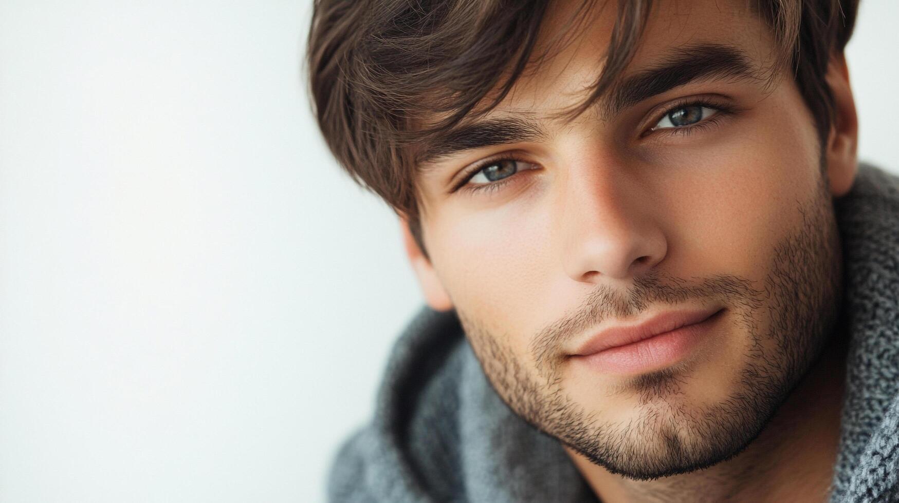 Handsome man gazes with striking eyes and confident smirk, styled hair, and casual sweater against white backdrop. photo