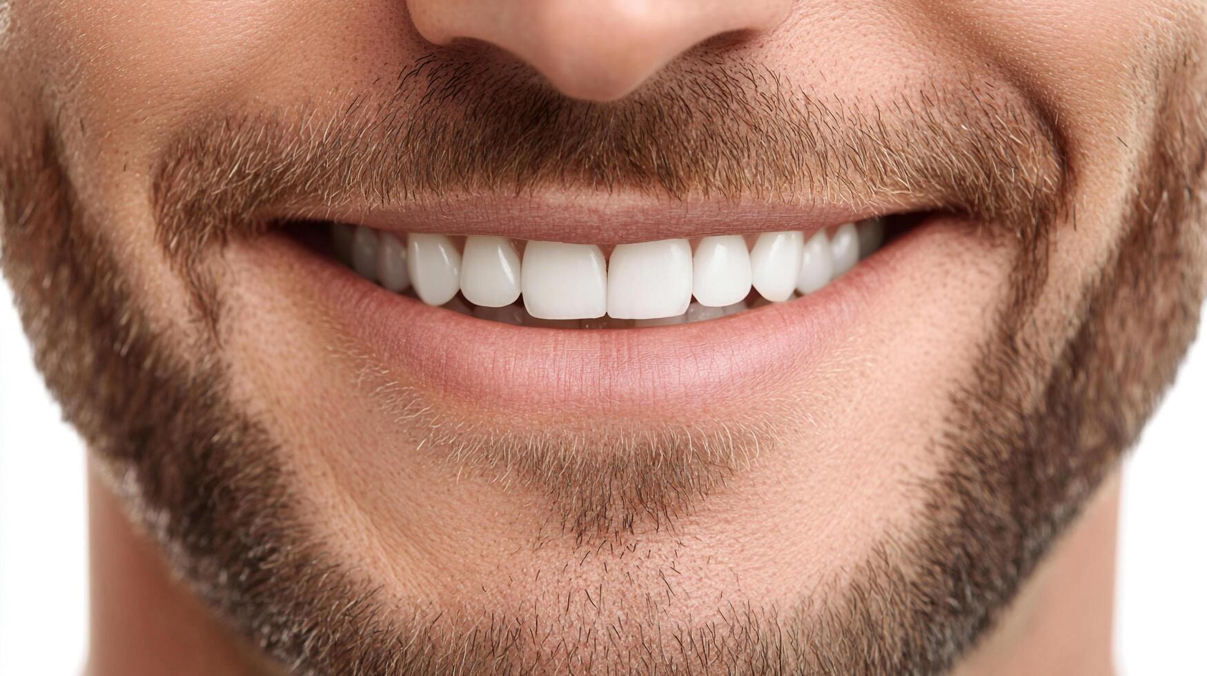 Close-up of a man's smile showcasing bright, white teeth, highlighting dental health, grooming, and self-care, with a confident and positive expression. photo