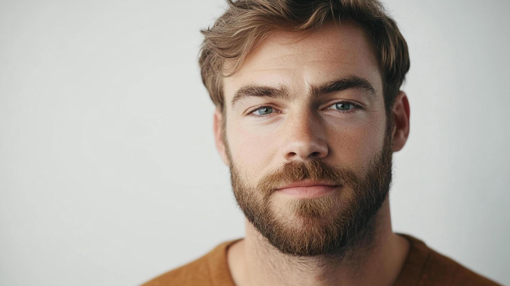 Portrait of a handsome, thoughtful man with a beard and kind eyes looking at the viewer. The simple background keeps focus on the subject. photo