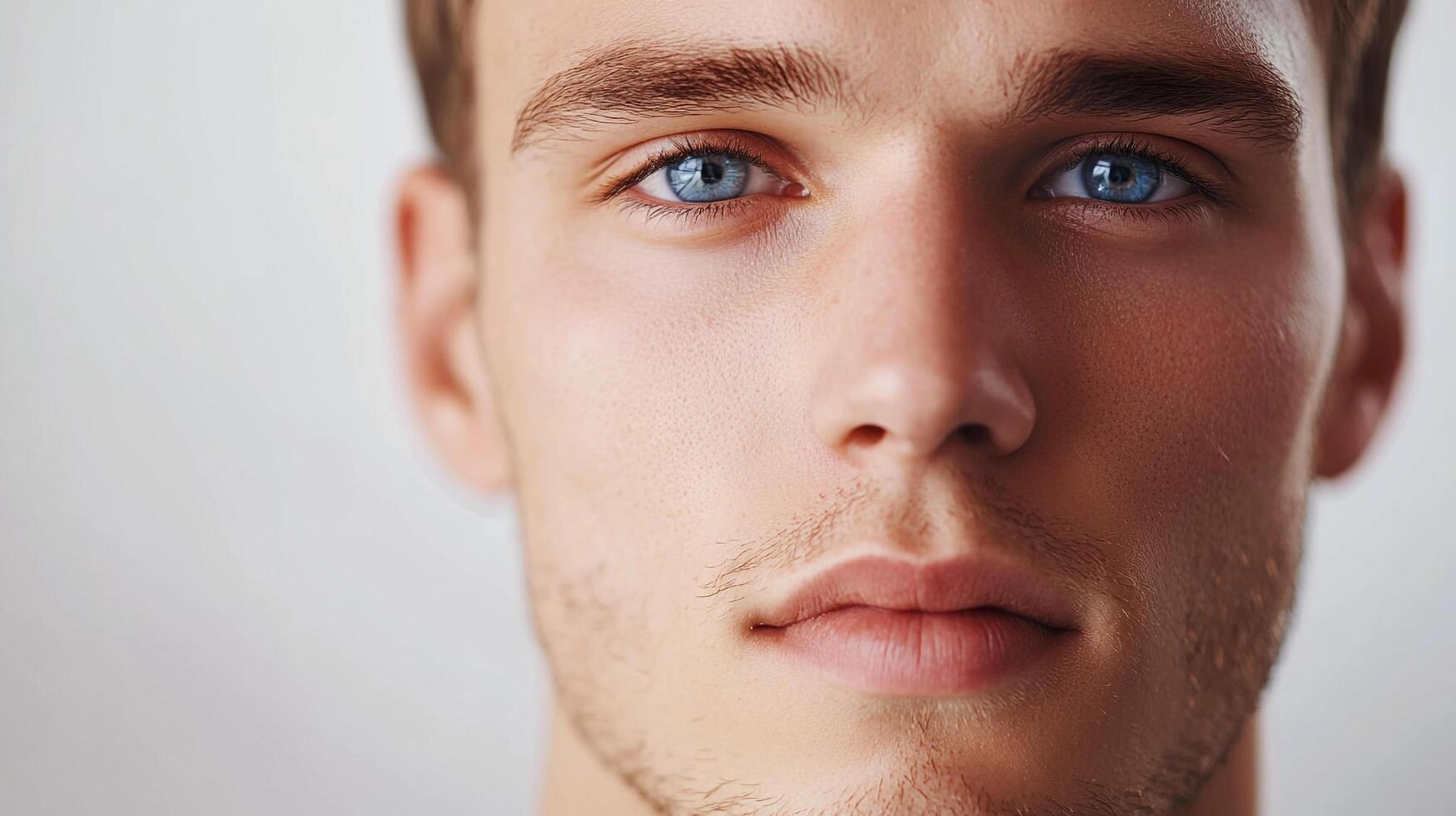 A close up of a fair skinned man with striking blue eyes and fair eyebrows against a plain backdrop, capturing a portrait of intense gaze. photo