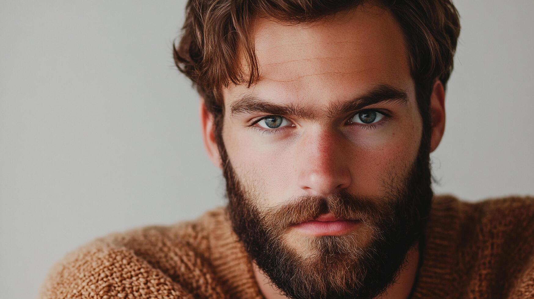 Close-up portrait of a bearded man with striking eyes, showcasing a relaxed and confident demeanor in a simple indoor setting. photo