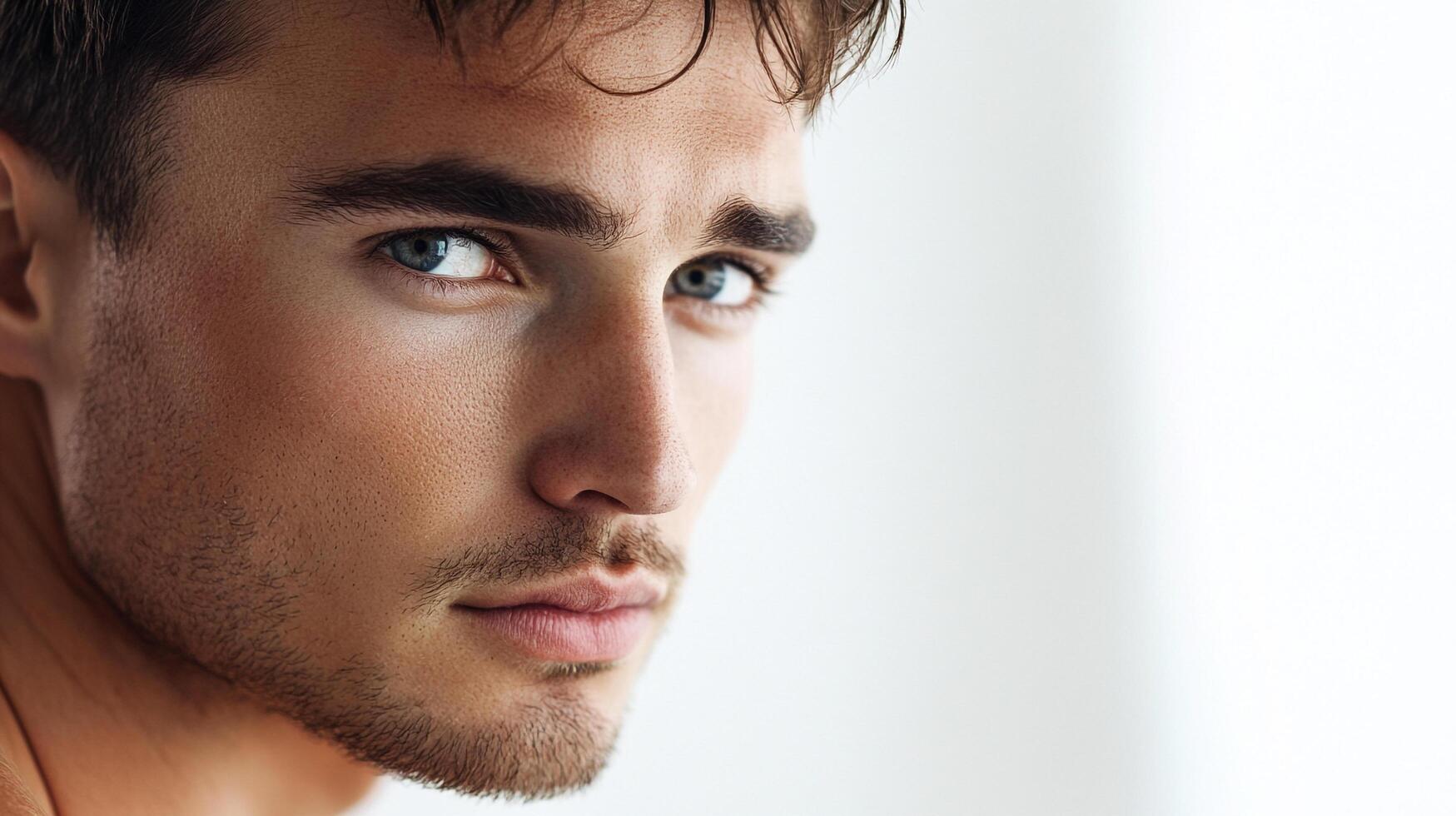 Focused gaze of a handsome man with blue eyes, captured in a close-up portrait against a bright background. Natural light enhances his features. photo