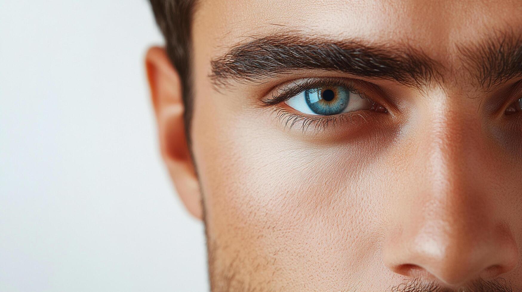 Close-up of a man's face with a striking blue eye and dark eyebrows, showcasing facial features and emphasizing his gaze against a neutral backdrop. photo