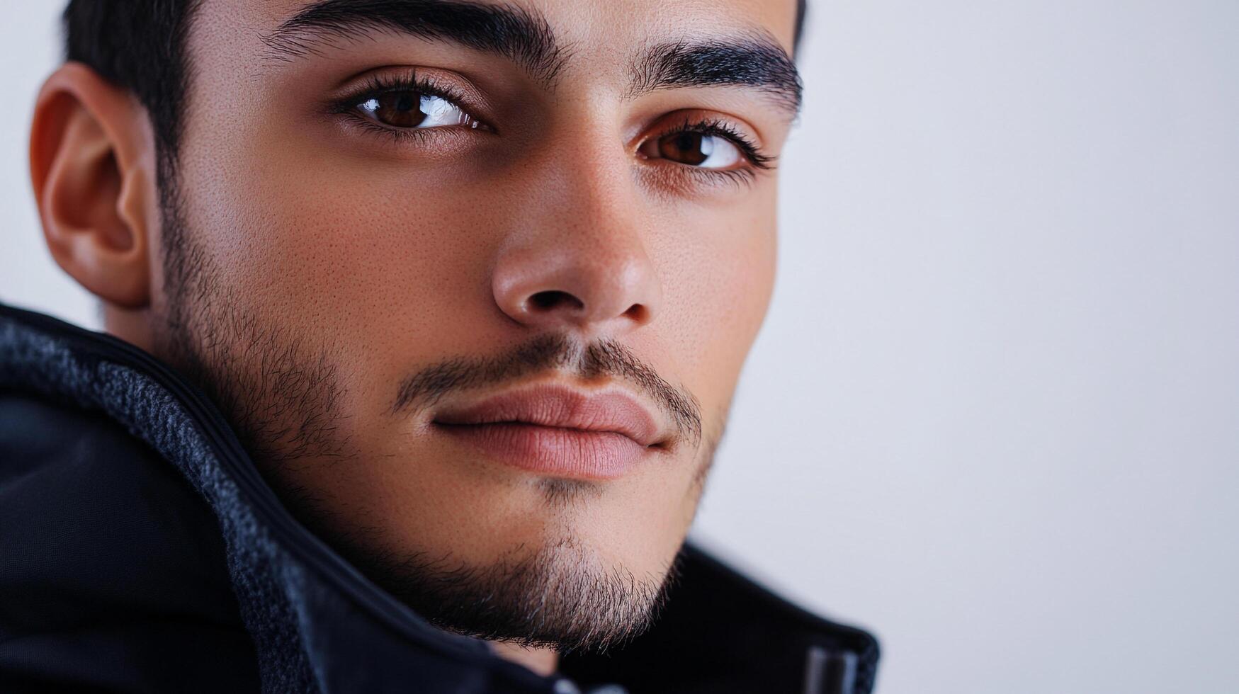 Close up portrait of a handsome man with dark hair, brown eyes, and a well-groomed beard against a plain background. Minimalist and clean. photo