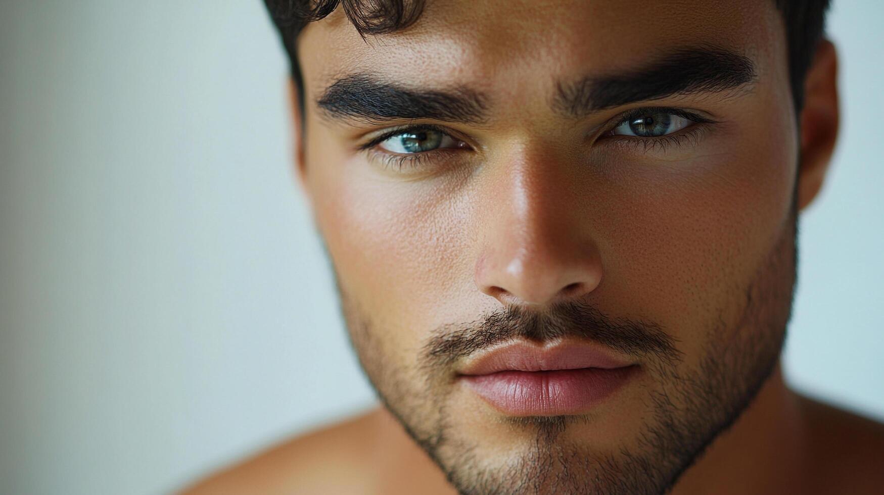 Close-up portrait of a handsome man with striking eyes, showcasing a natural, clean look against a neutral background. Intense gaze. photo