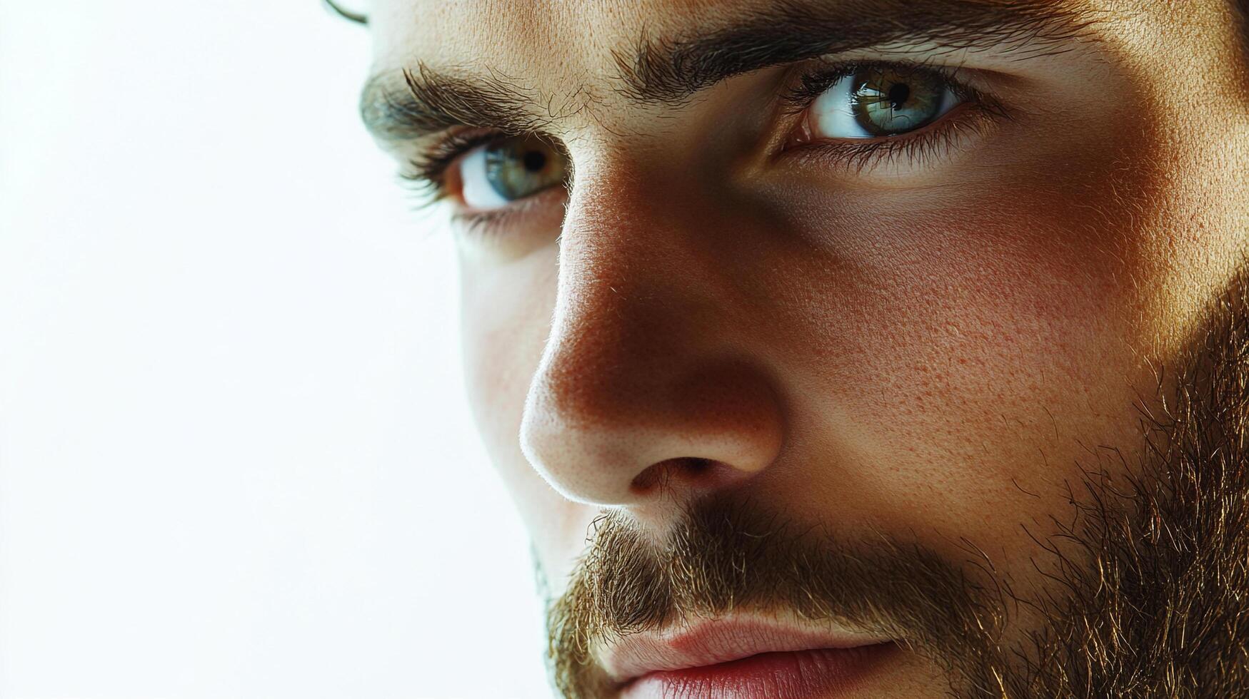 Intense gaze of a man with piercing eyes, light reflects off his face showing his skin texture and half beard in focus portrait. photo