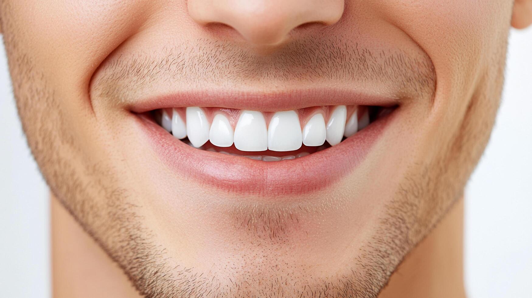 Close-up of a smiling man showing white teeth. Teeth are straight and white. Good dental hygiene is crucial for healthy and happy smile. photo