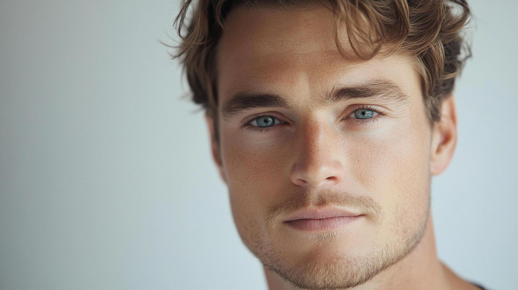 Close-up portrait of a handsome man with striking blue eyes and wavy brown hair, exuding a confident and approachable demeanor. photo