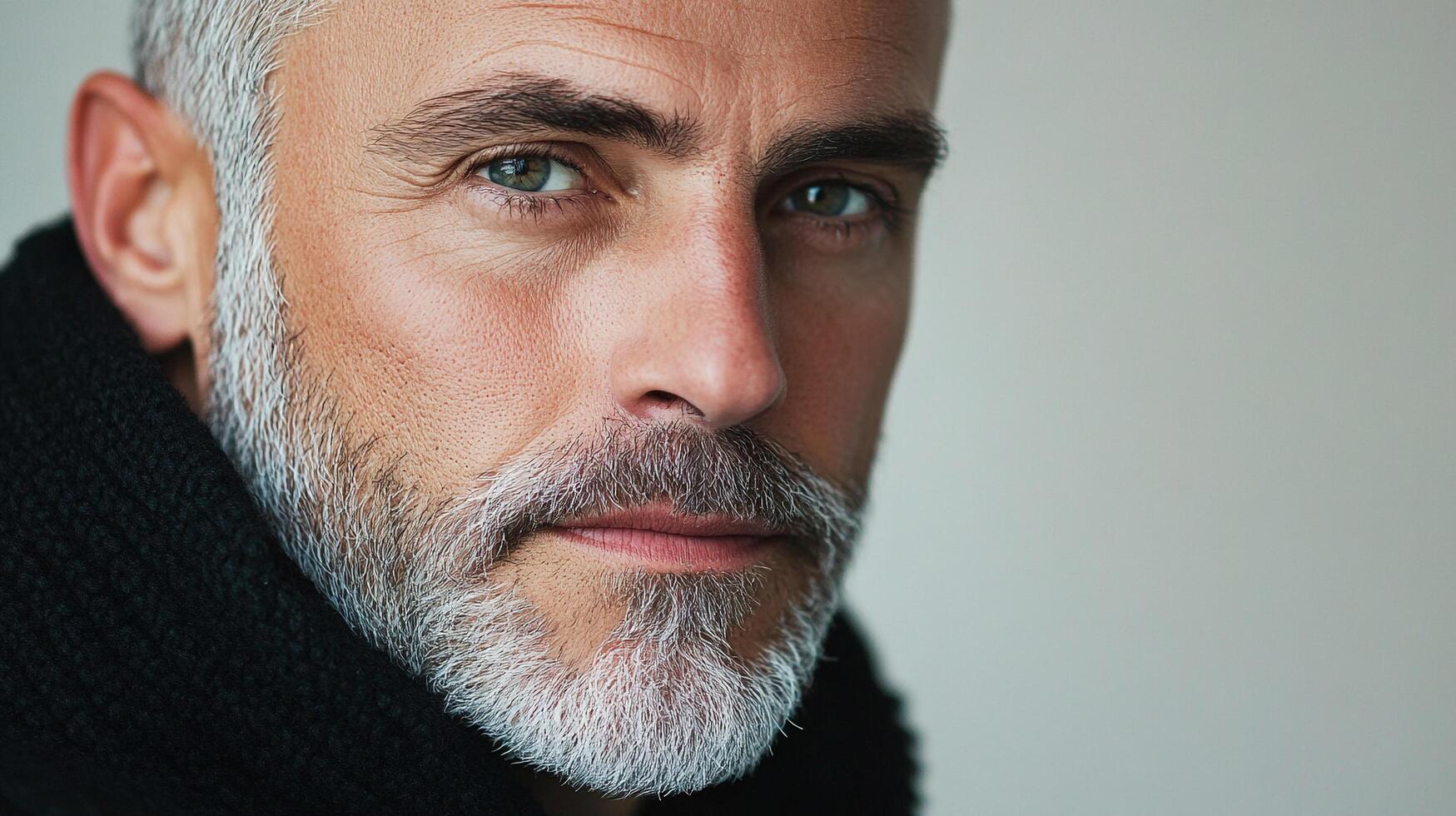 Mature man portrait with thoughtful expression, showing details of his aging skin, gray hair, and a black sweater on a light background. photo