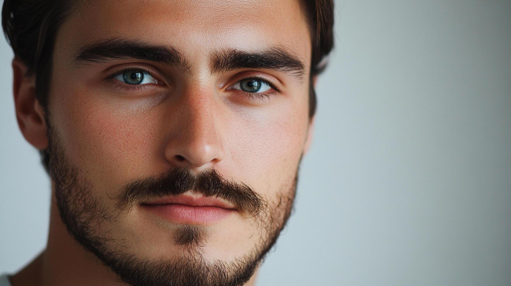 Close-up portrait of a man with a beard and mustache, fair skin and blue eyes. He has dark hair. Focus on facial features. photo