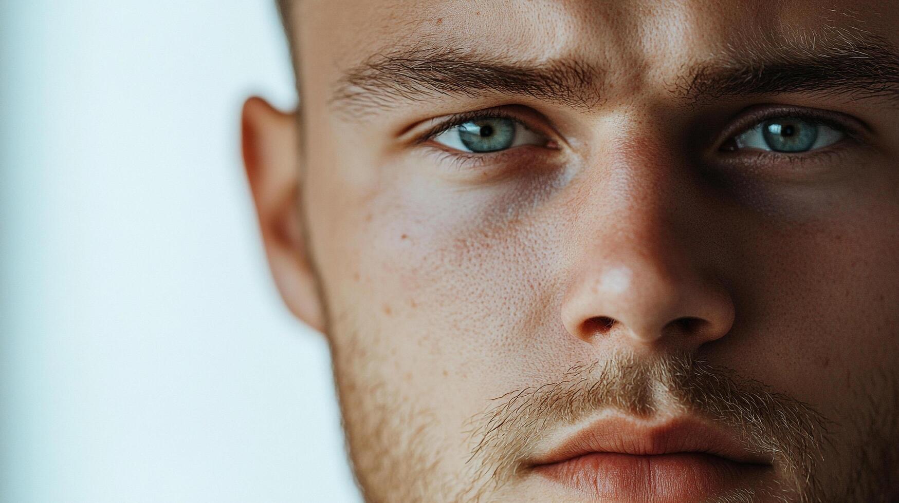 Focused gaze from a man with intense blue eyes, capturing depth and detail in a close-up portrait. Half face, with a light beard. photo