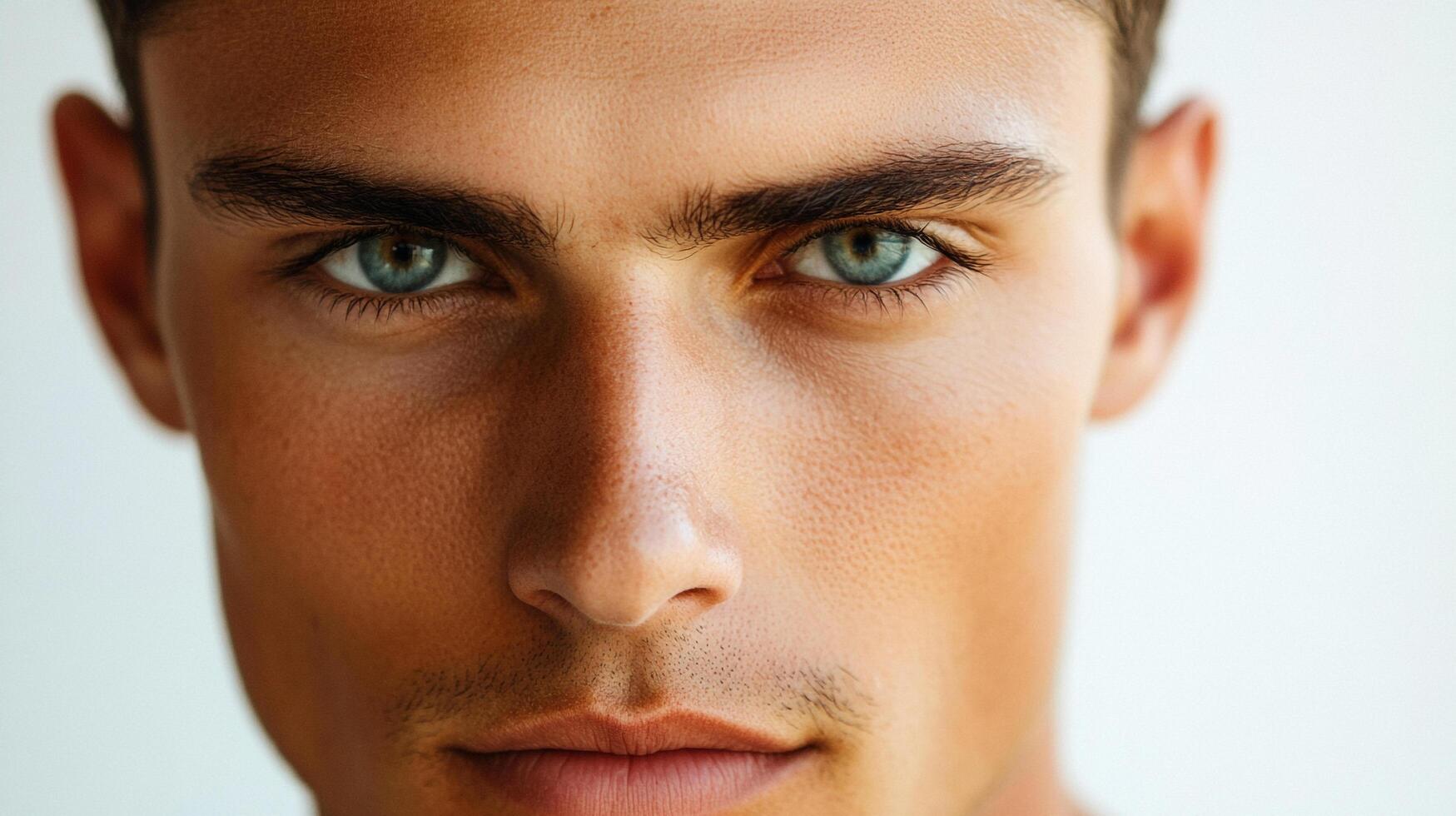 Close-up portrait of a handsome man with striking blue eyes and sun-kissed skin, capturing his captivating gaze against a minimalist backdrop. photo