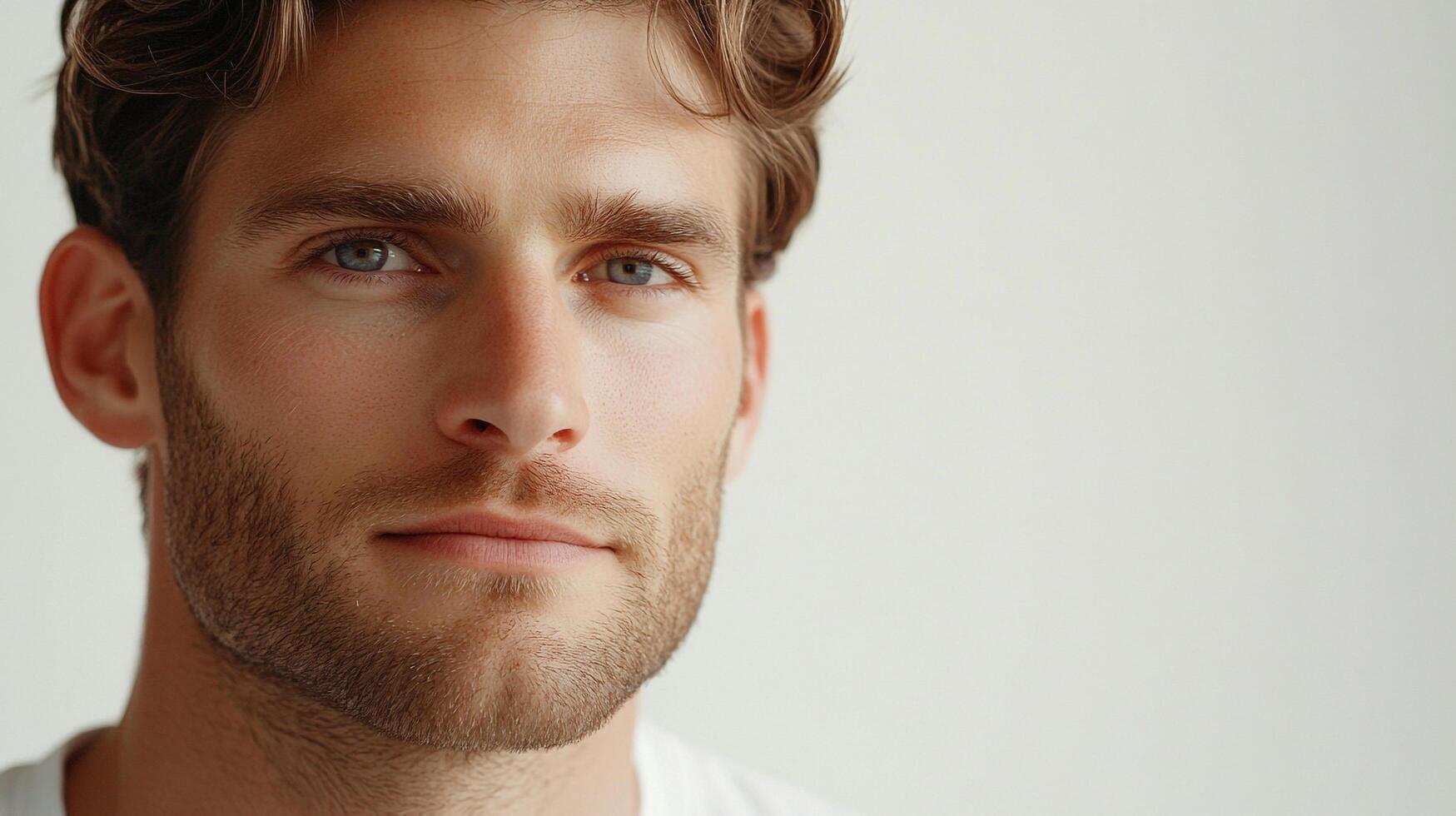 Close up portrait of a man with hazel eyes, brown curly hair and a beard with neutral expression on a white background. photo