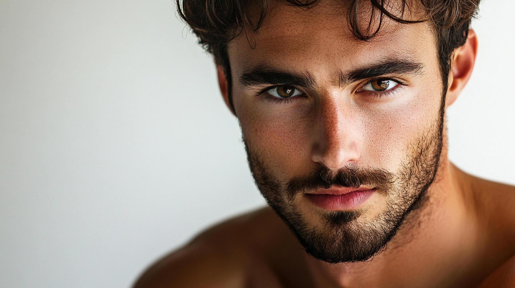 Portrait of a striking man with brown hair and eyes, exuding a sense of confidence and charm. His natural features are accentuated. photo
