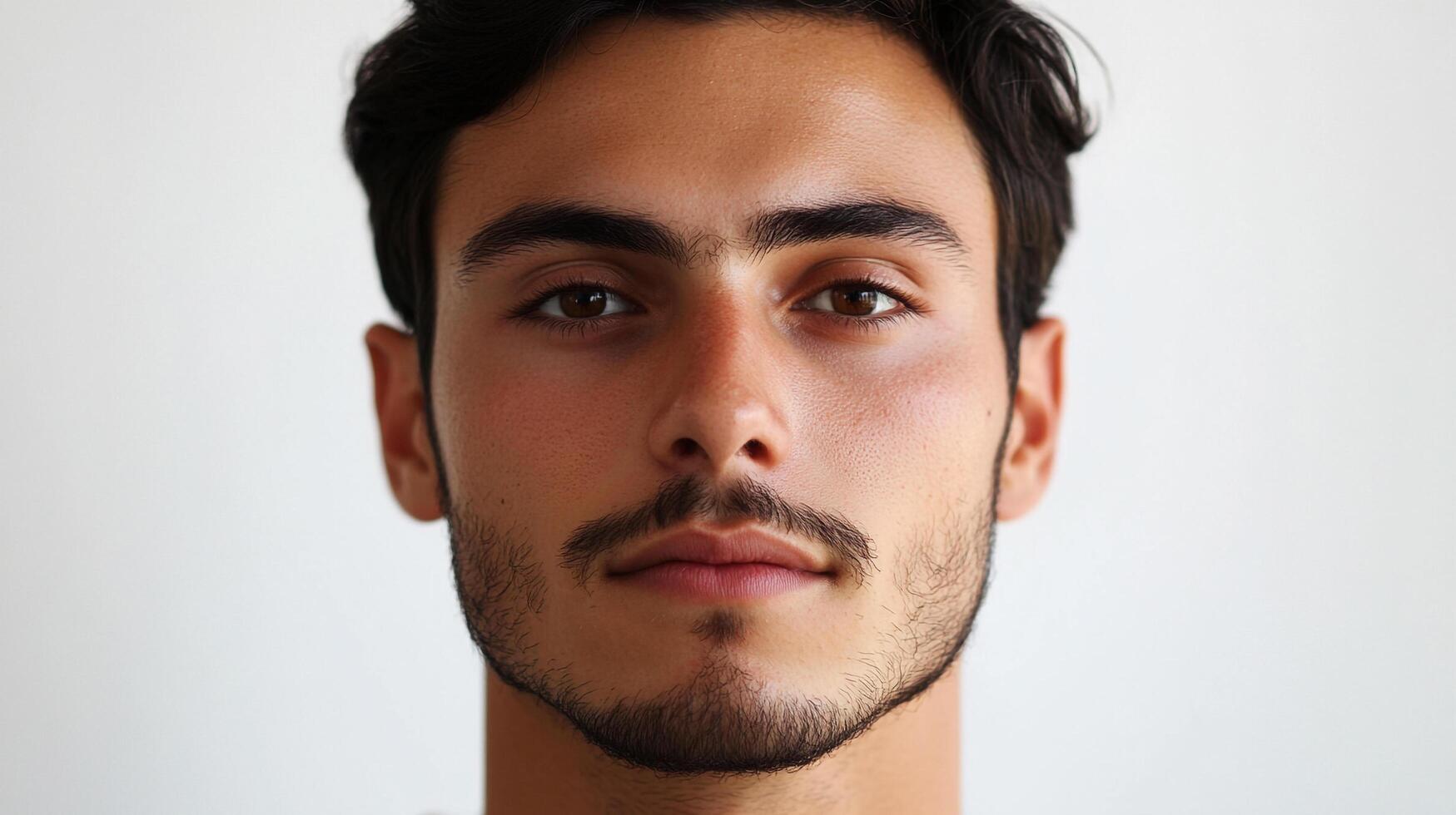 Portrait of a handsome dark-haired, brown-eyed man with a mustache and beard, close-up shot in front of a plain white background. photo