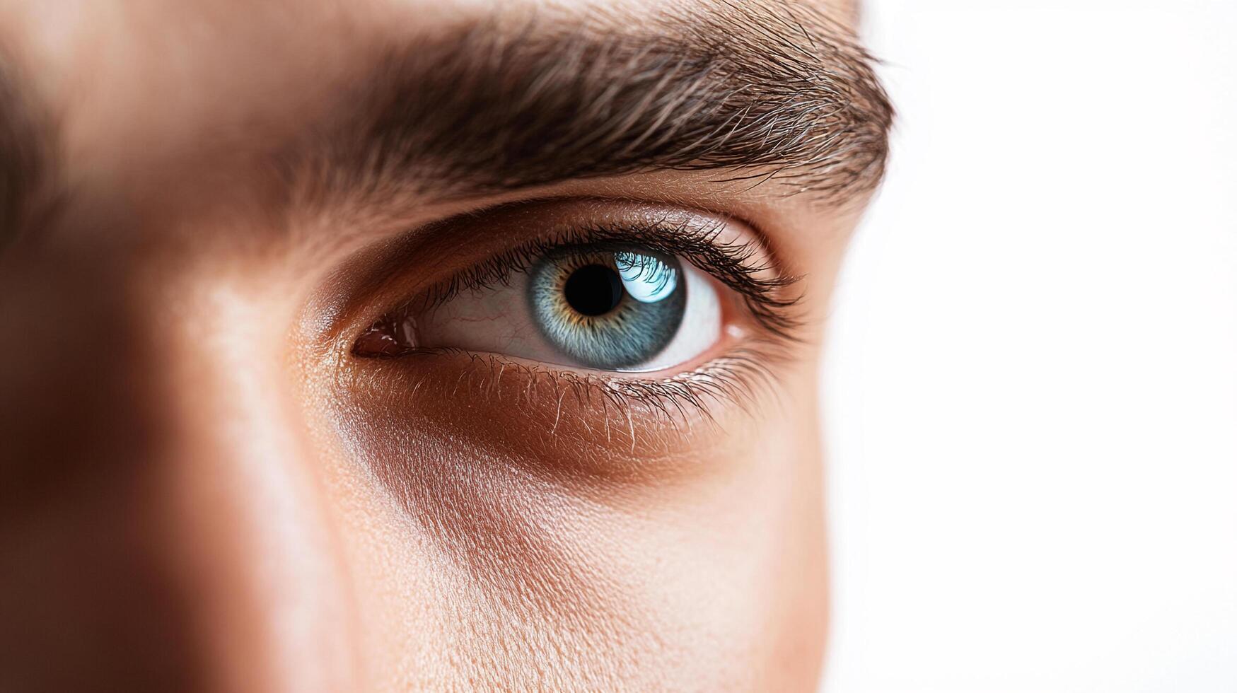 Close-up captures a striking blue eye with intricate details, emphasizing its beauty and depth against a soft white backdrop. photo