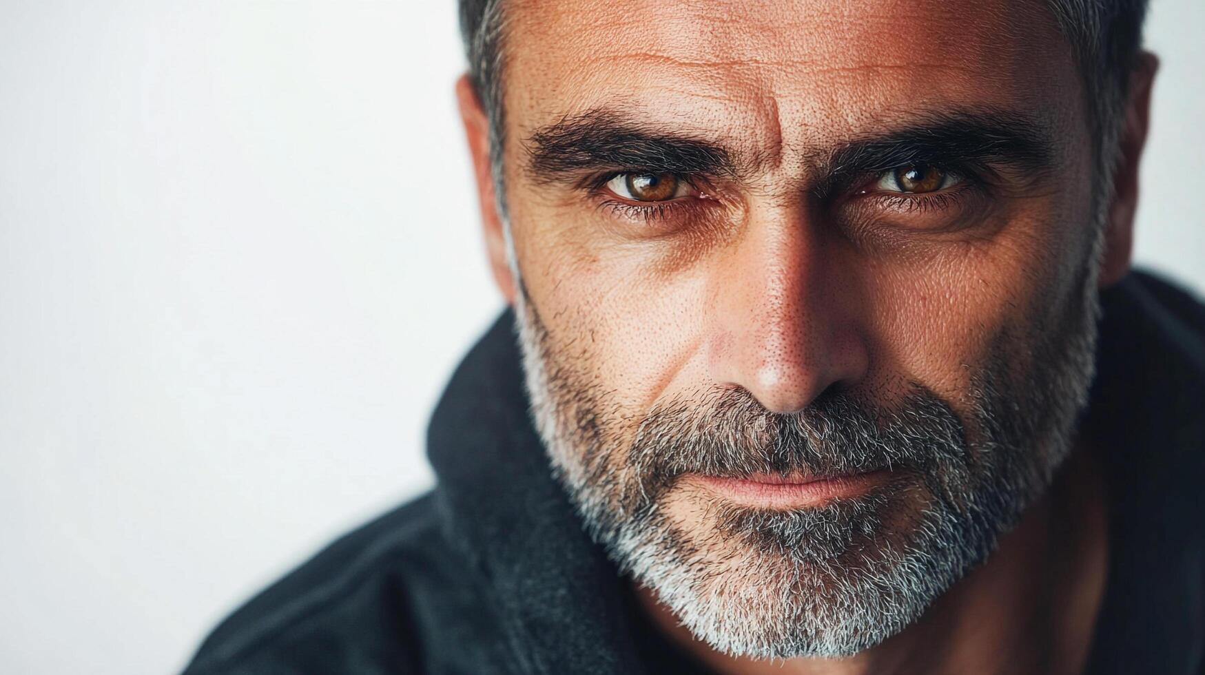 Close-up portrait of a mature man with striking eyes and a salt-and-pepper beard against a clean, light background. Intimate and thoughtful. photo