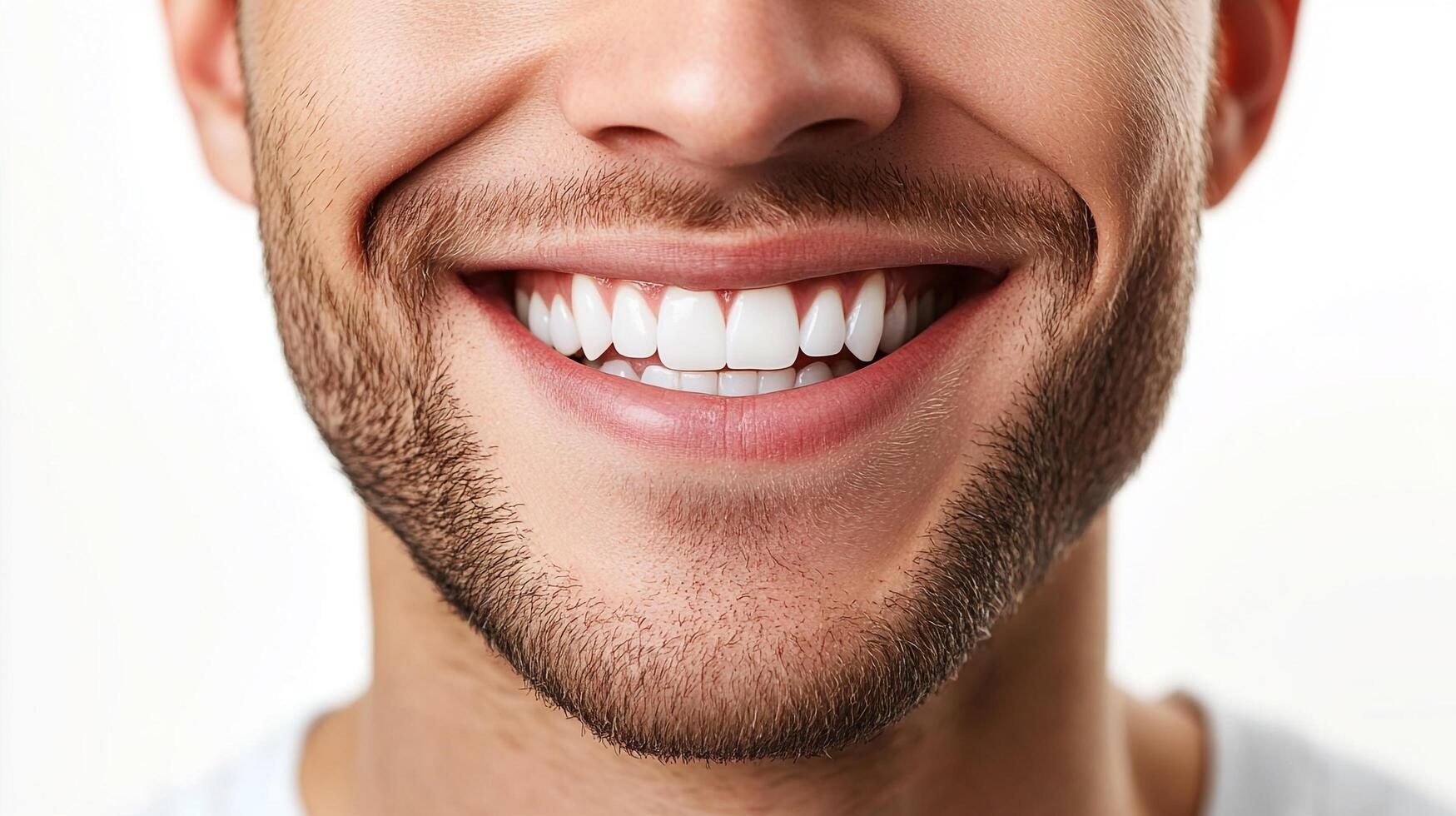 Close-up of a man's smile, showcasing healthy, bright teeth. The focus is on dental aesthetics and overall well-being. photo