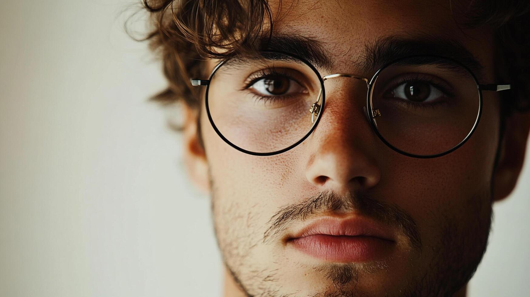 Close-up portrait of a young man with round glasses, showcasing a modern, intellectual aesthetic against a clean background. photo