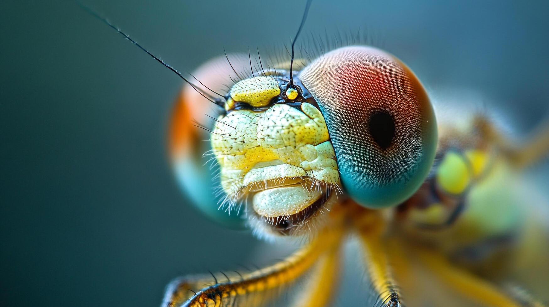 Close-up view of an intricate and detailed dragonfly's face with its multiple colors and textures. The dragonfly has large eyes and thin antennae. photo