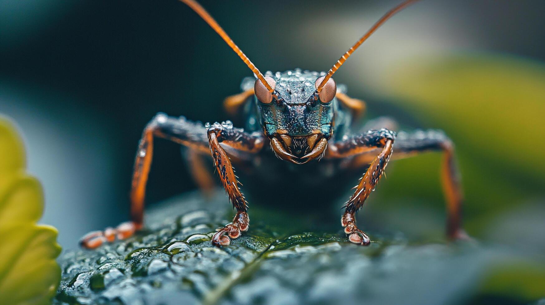 Up-close perspective of a vibrant insect resting, dew-kissed, upon a verdant leaf, showcasing intricate details of nature's tiny creatures. photo