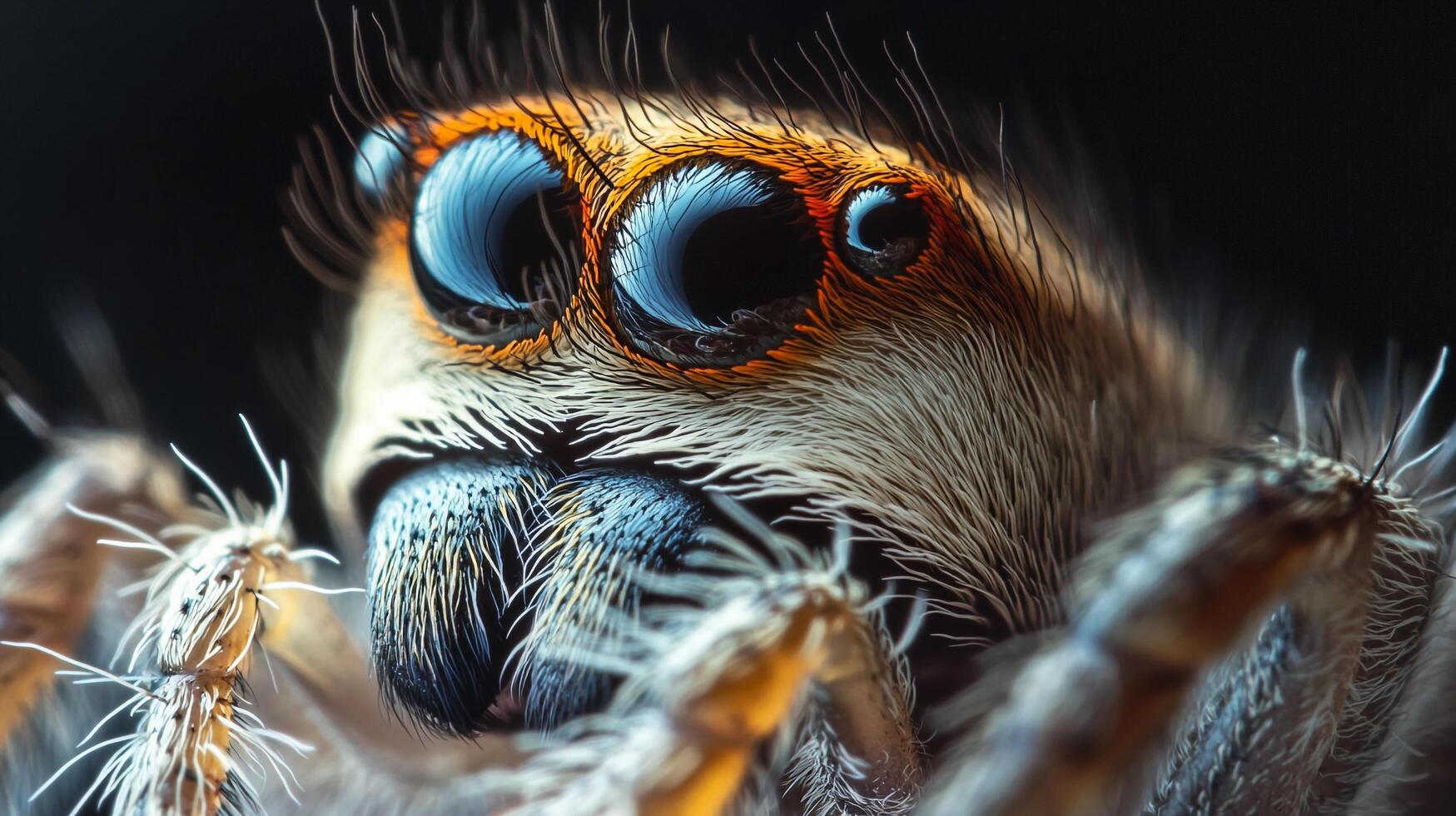 Intricate macro reveals iridescent eyes of a small spider, captivating with detail, highlighting unique anatomy. photo