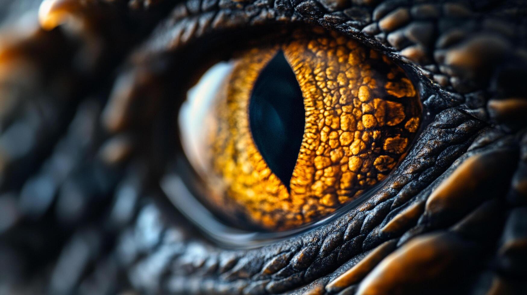 A macro shot reveals a reptile's striking eye, showcasing scales and intense coloration. The reptilian gaze is both captivating and slightly unnerving. photo