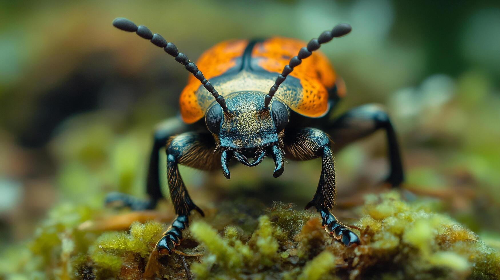 Macro close-up captures a vibrant beetle with orange elytra and segmented antennae, perched on lush green moss in its natural habitat. photo