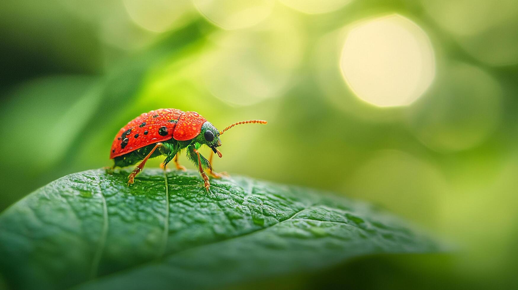 A ladybug with a bright red shell and black spots crawls on a green leaf, illuminated by gentle sunlight in a nature setting. photo