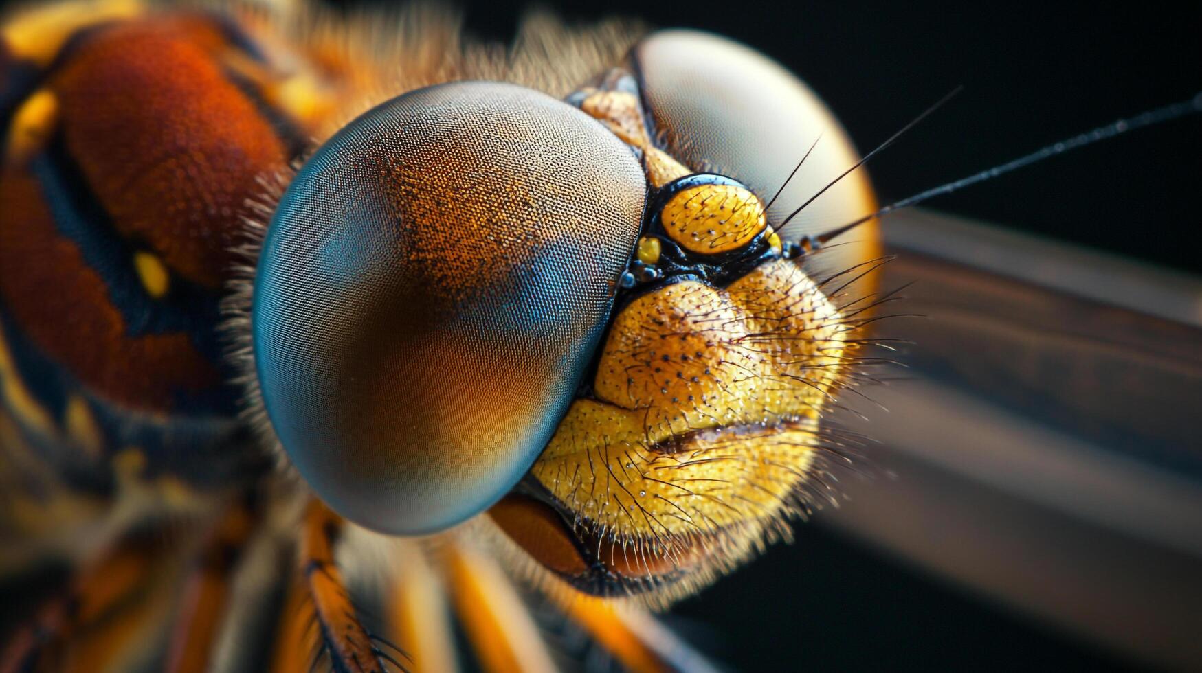 Extreme close-up reveals intricate details of a dragonfly's compound eye, showcasing nature's precision and complexity in design. photo