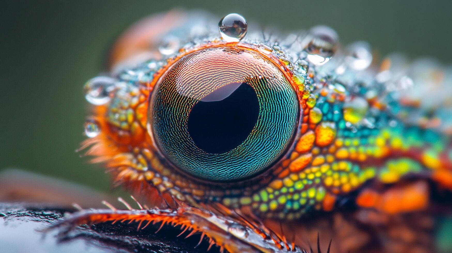 Close-up of a colorful chameleon eye with water droplets, showcasing intricate textures and vibrant colors. Reptilian macro beauty. photo