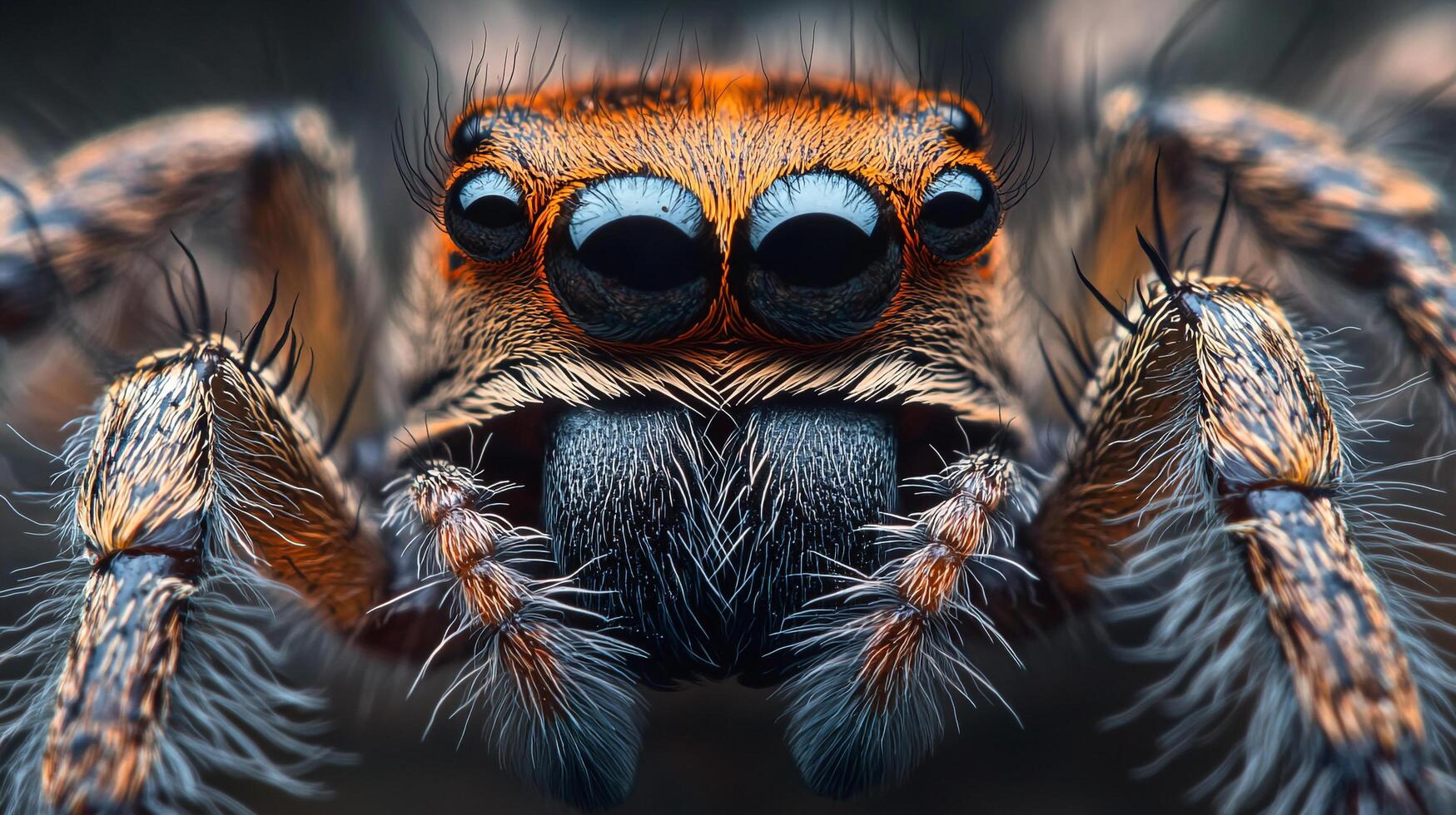 Extreme close-up of a jumping spider showcasing its intricate eye arrangement, hairy legs, and detailed patterns, offering a unique view. photo