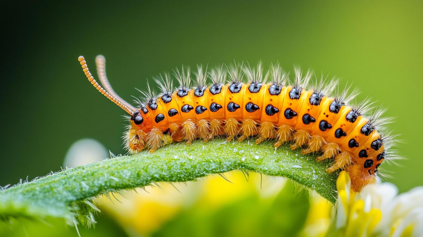 Bright orange caterpillar with black spots and white hairs crawls along a green stem in a vibrant macro shot, highlighting nature's detail. photo