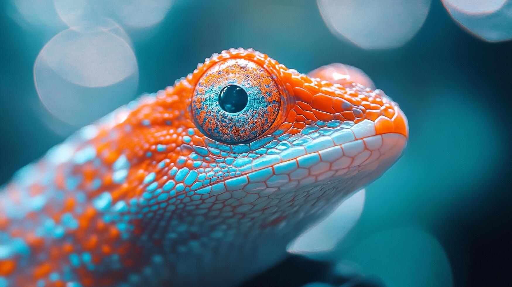 A vibrant, close-up portrait of an orange and blue chameleon showcasing its intricate scale patterns and striking eye against soft, cool bokeh. photo
