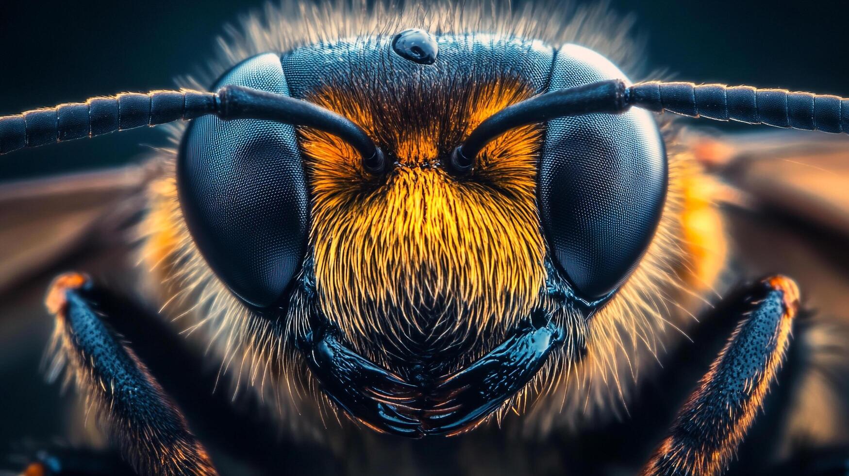 Macro photograph of a bee's face. The insect's large, multifaceted eyes and golden fur are on display in great detail. photo