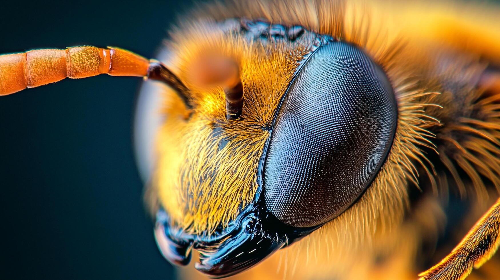 Magnified view of a bee's head showcasing its intricate compound eye, antennae, and golden fuzzy hair, revealing the beauty of nature's details. photo