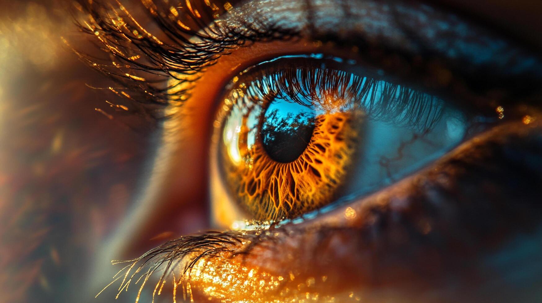 Detailed close-up of an eye featuring a striking orange iris and a blue sky reflecting in the pupil, surrounded by dark eyelashes. photo