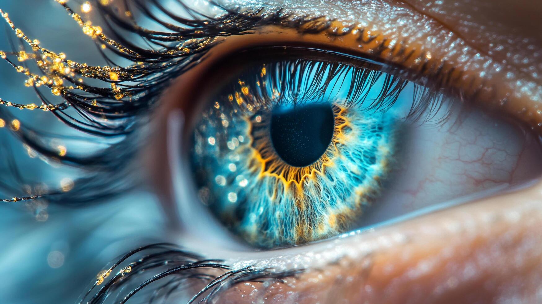 Vibrant Human Eye. Eye Macro Photography. Close-up of a human eye featuring intricate details and captivating blue, yellow, and dark pigments. photo