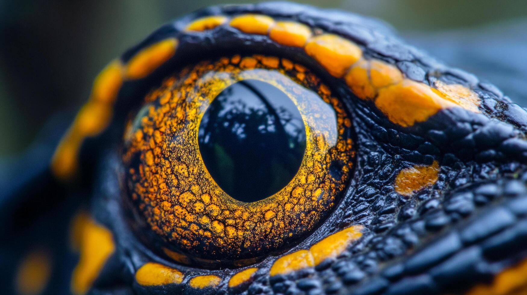 Extreme close-up of a reptile's eye, showcasing detailed texture and vibrant yellow-orange patterns, reflecting the surrounding environment. photo