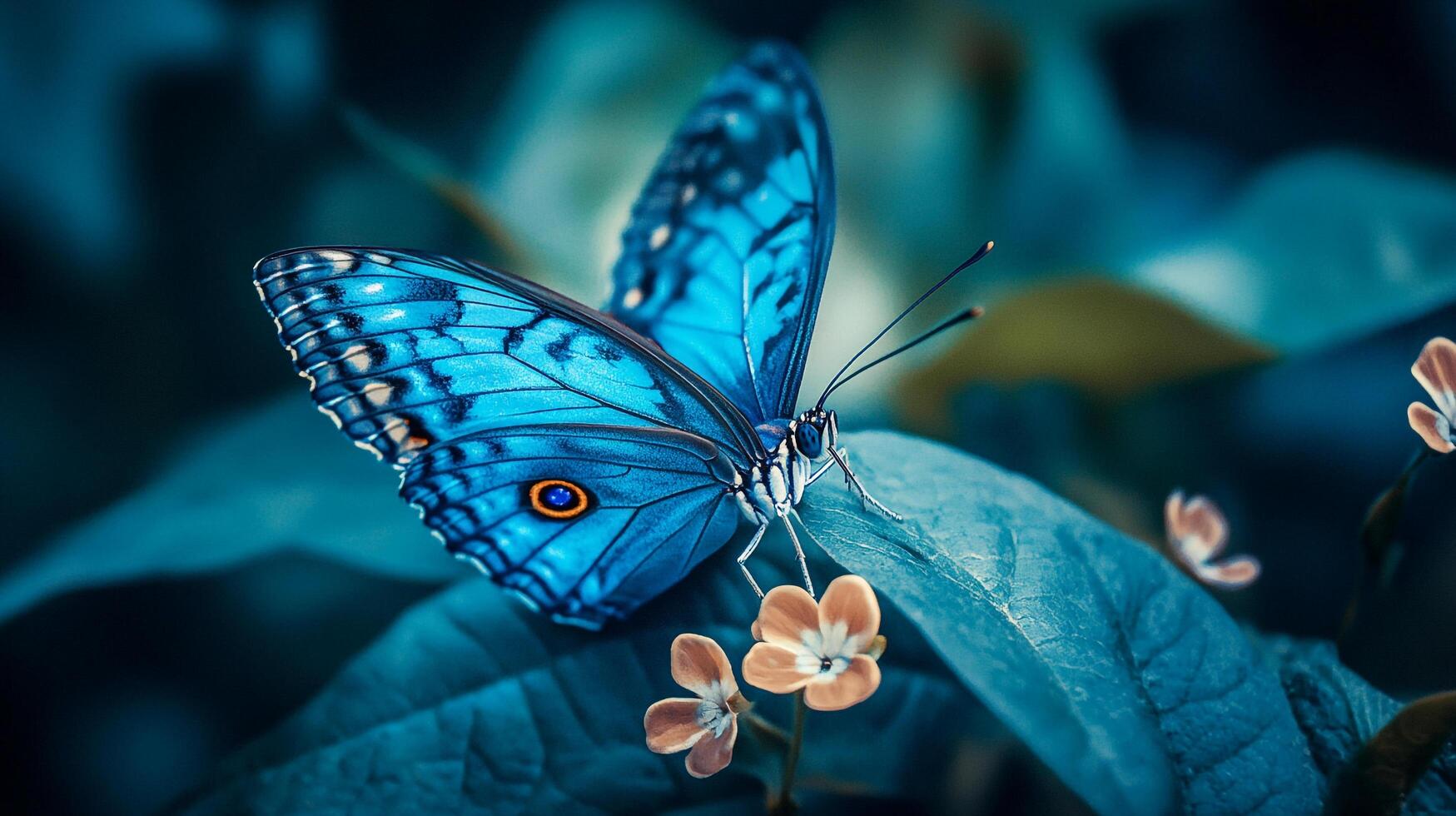 A mesmerizing blue butterfly with intricate wing patterns rests gracefully on a vibrant leaf, its delicate form a testament to nature's beauty. photo