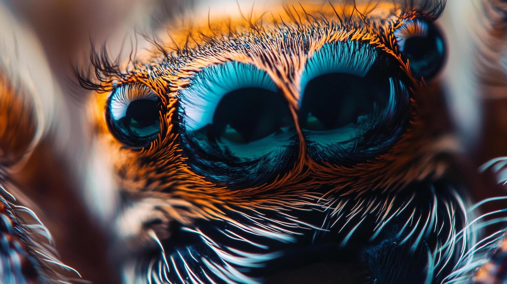 Intricate close-up of a spider's face, showcasing its multiple blue eyes, hair-like structures, and detailed texture of its body and face. photo