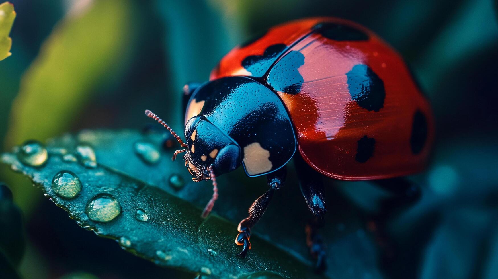 Ladybug close-up. Red insect with black spots resting on a green leaf covered in dewdrops in a natural and serene garden setting. photo