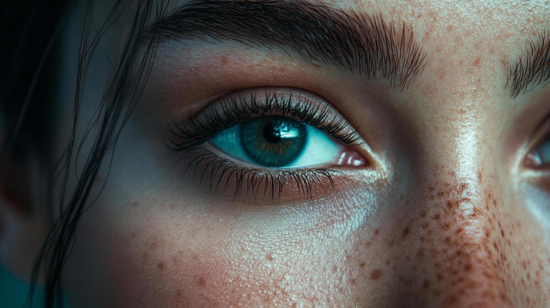 Closeup of a striking eye with detailed eyelashes and visible freckles, showcasing natural beauty and depth in a captivating gaze. photo