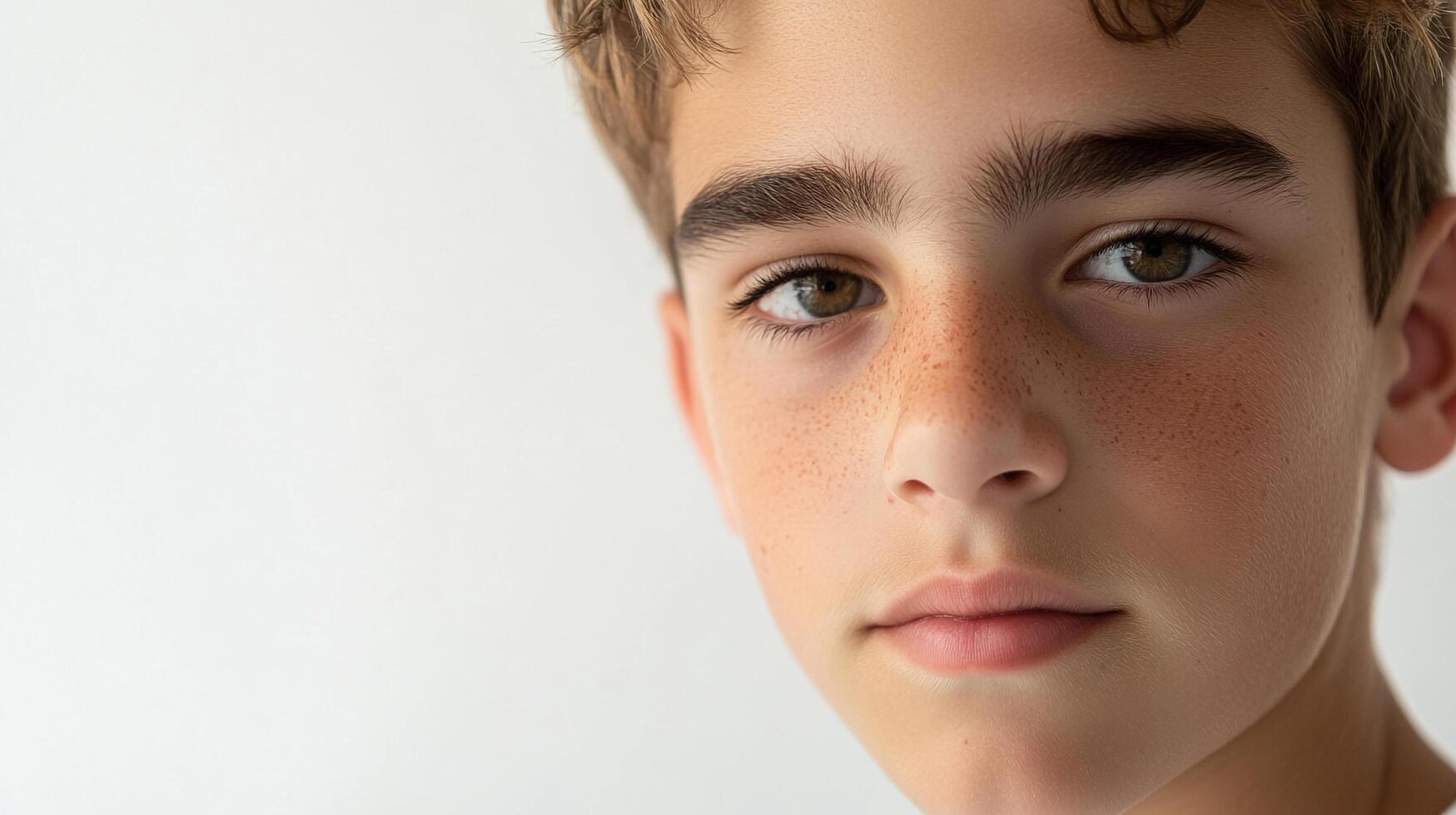 Close-up of a youthful face with kind eyes and freckles, set against a plain backdrop for a captivating portrait, evokes a sense of warmth. photo