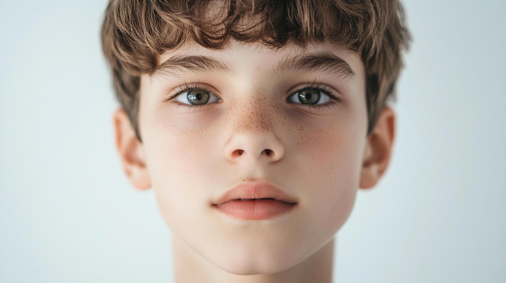 Portrait of a young boy with freckles and green eyes. The image focuses on his face, capturing innocence and youthful charm. photo